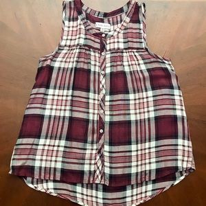 Button front sleeveless plaid shirt